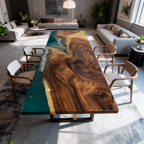 Custom Walnut Epoxy Resin River Table Teal Resin LQV-482