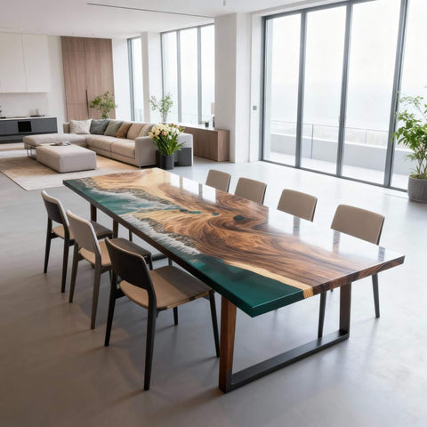 Custom Walnut Epoxy Resin River Table Teal Resin LQV-482